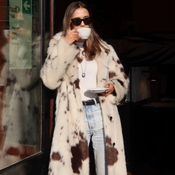 NVLT COW PRINT FAUX FUR LONG COAT VEGAN Size M